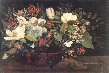 Panier de Fleurs Gustave Courbet floral Peinture à l'huile
